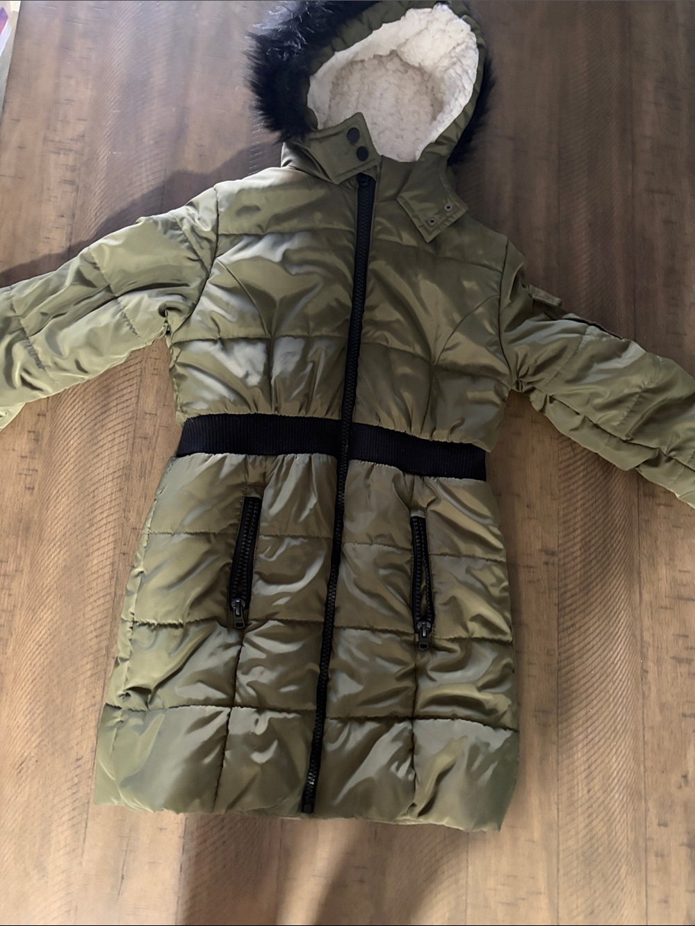 Hudson Jeans Olive Green Puffer Coat with Faux Fur Hood